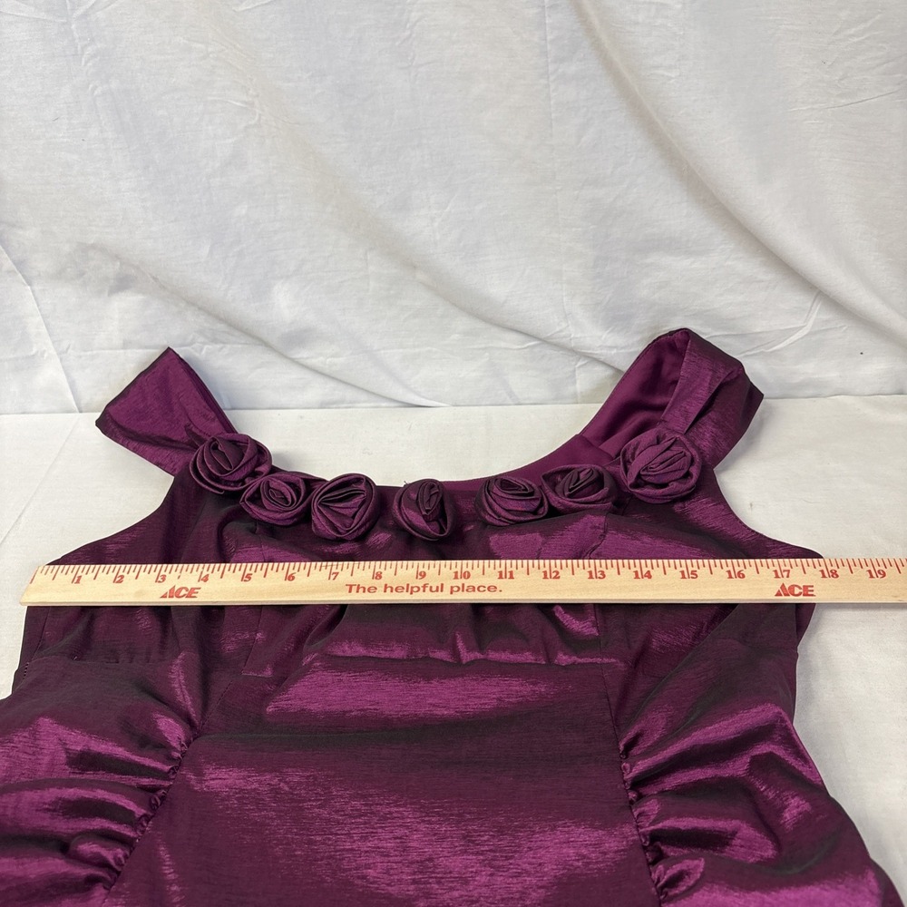 London Times Sleeveless Bodycon Dress Women Sz 14 Magenta Satin Rose Ruffle Neck - Picture 11 of 16